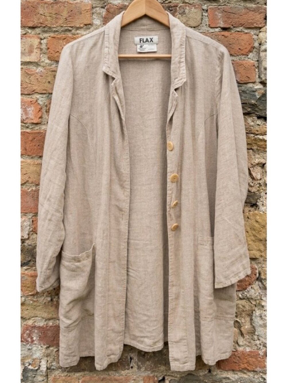 FLAX Size S 100% Linen Duster Jacket Coat Beige Pockets Topper Button Flare